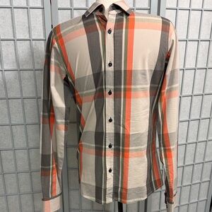 Tristan Plaid Button-Down Shirt in Cream, Orange & Gray, Small